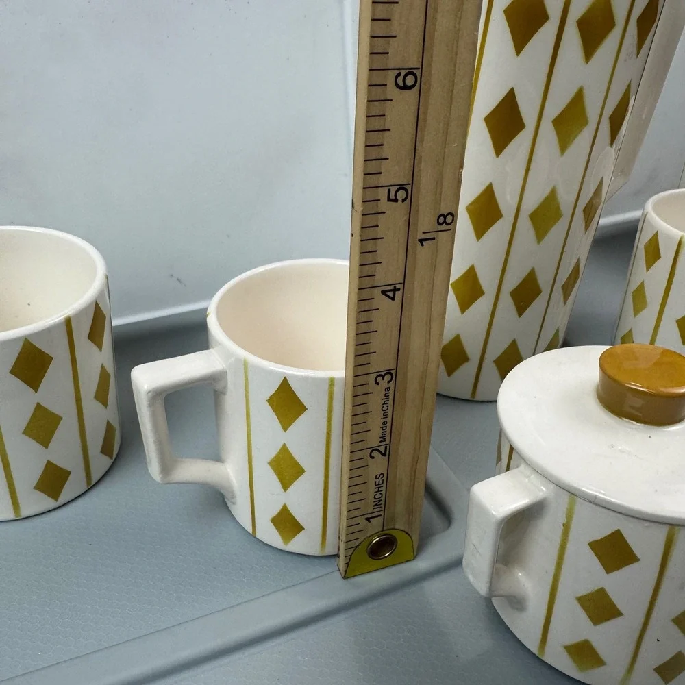 VTG Royal Sealy Harlequin Diamond Coffee Tea Set White Mustard MCM Ceramic 9pc